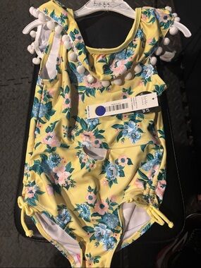 NWT Nicole Miller Yellow Floral Kids One-Piece Swimsuit with Pom-Pom Detail